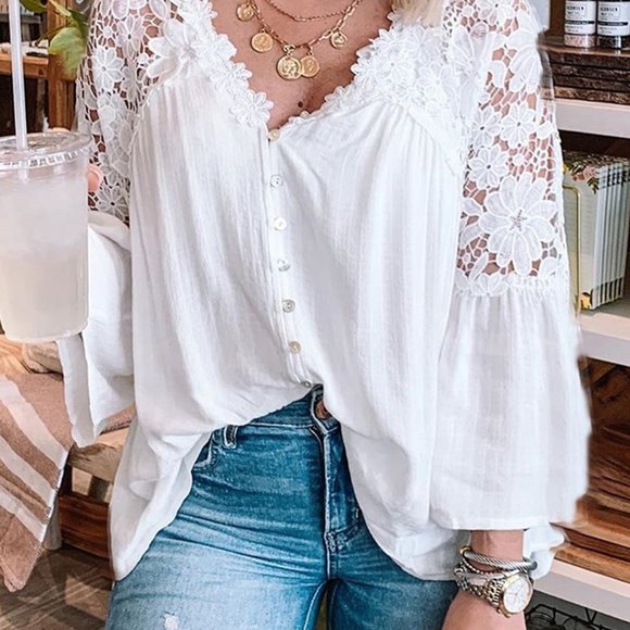 New Boho White Lace Festival Button Front Blouse - Picture 7 of 9